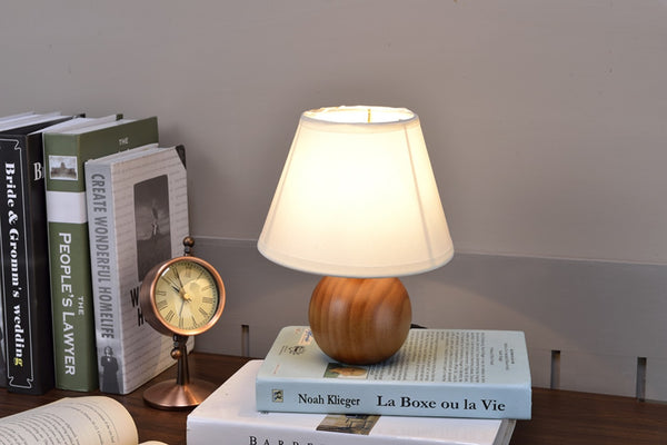 Brown Wooden Table Lamp with White Fabric Shade