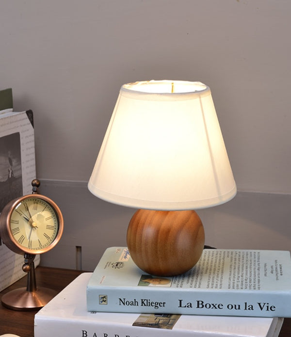 Brown Wooden Table Lamp with White Fabric Shade