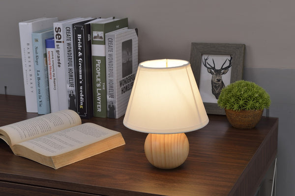 Light Brown Wooden Table Lamp with White Fabric Shade