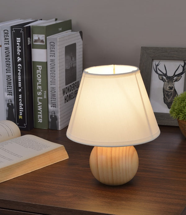 Light Brown Wooden Table Lamp with White Fabric Shade