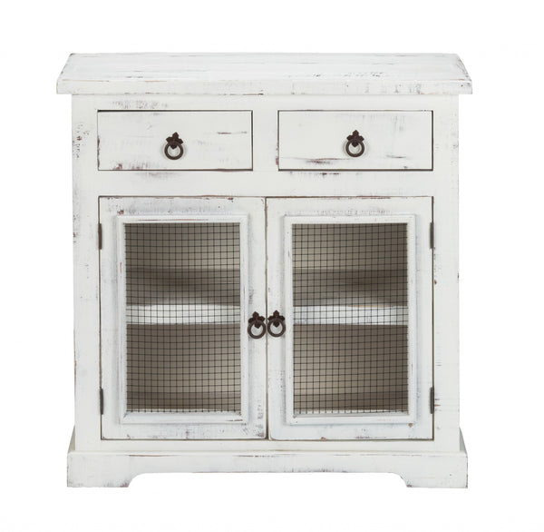 Rustic White Wood and Wire Two Door and Drawer Accent Cabinet