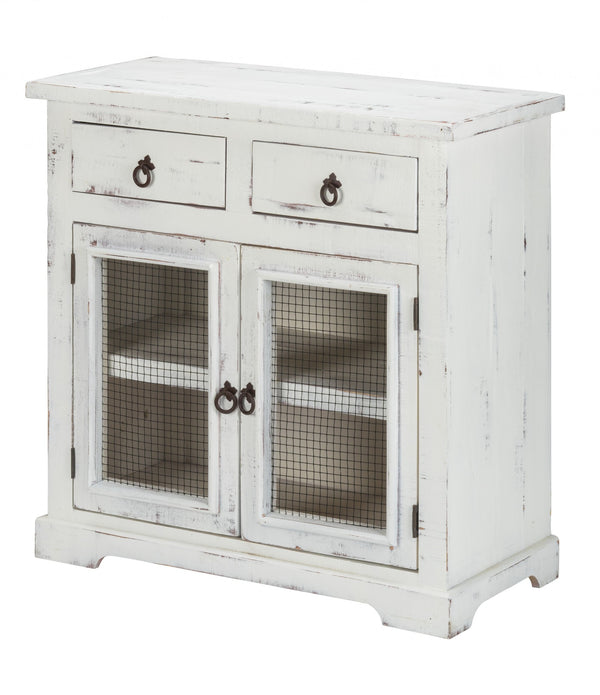 Rustic White Wood and Wire Two Door and Drawer Accent Cabinet