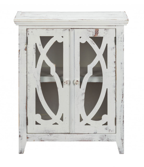 Rustic White Wood and Glass Scrollwork Accent Cabinet