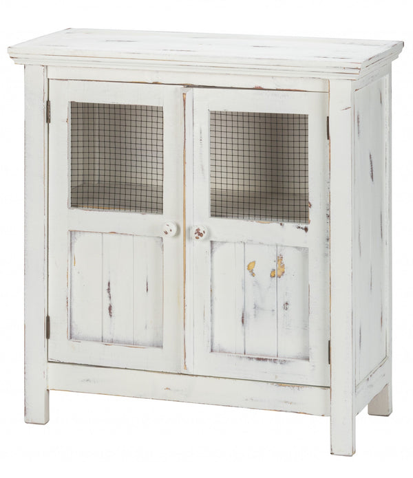 Rustic White Wood and Wire Two Door Accent Cabinet