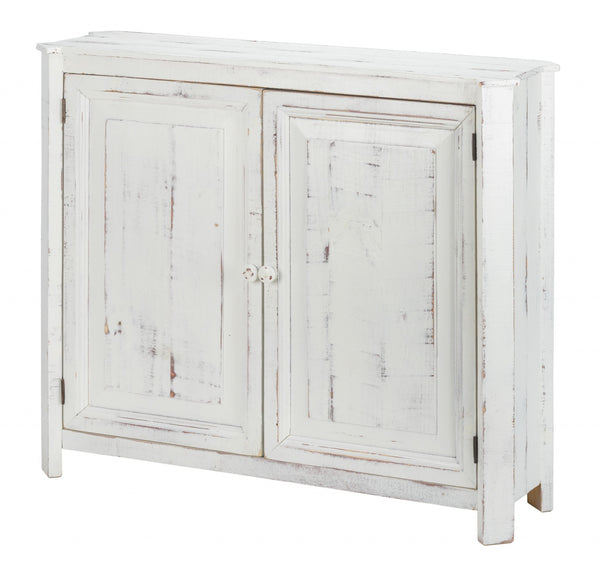 Distressed White Wooden Two Door Accent Cabinet