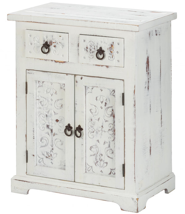 Distressed White Wooden Carved 2 Door and 2 Drawer Cabinet