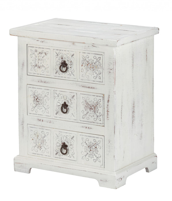 Distressed White Wooden Carved 3 Drawer Cabinet