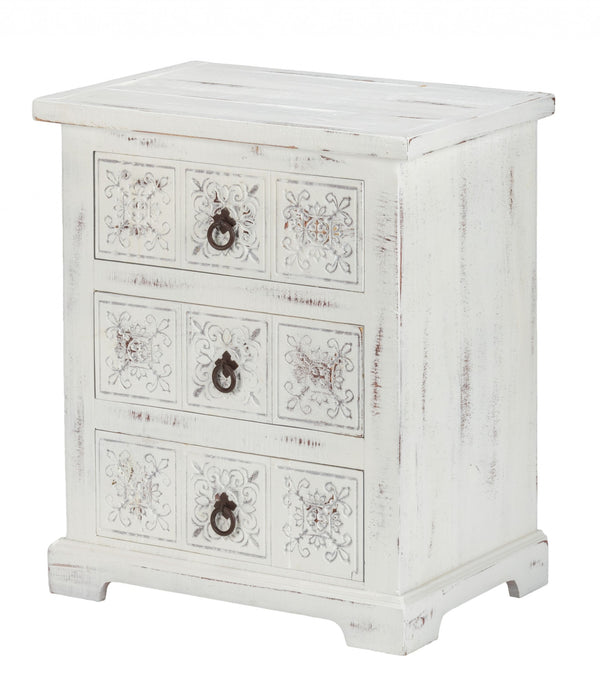 Distressed White Wooden Carved 3 Drawer Cabinet