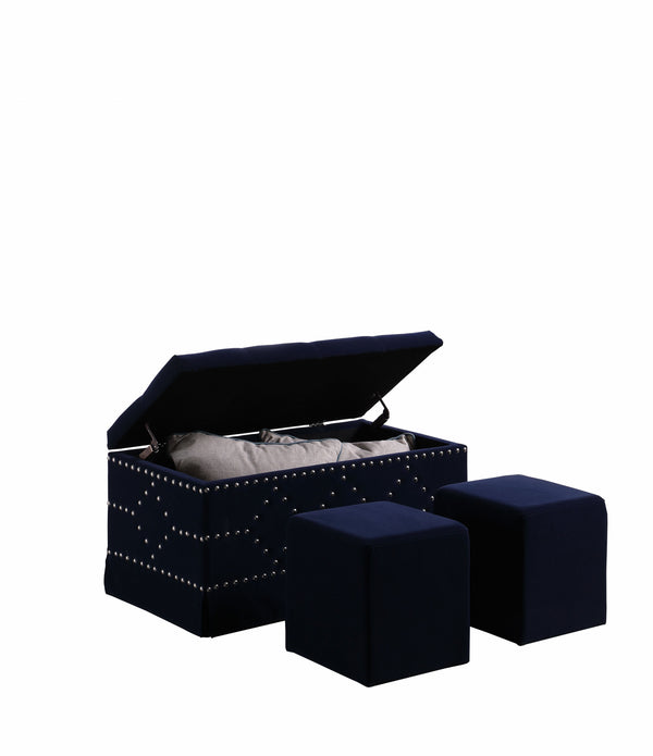 Deep Blue Velvet Nailhead Storage Bench with Ottomans