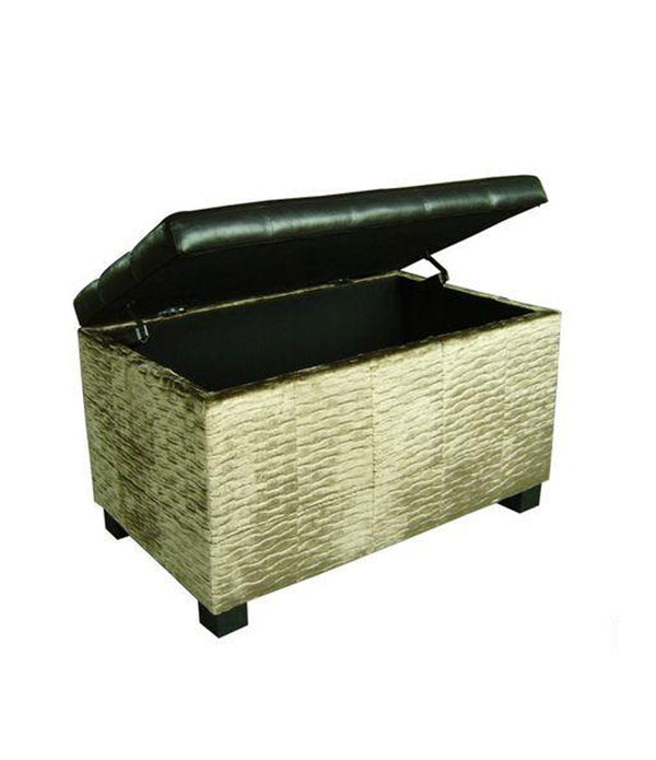 Wavy Beige Velvet and Black Faux Leather Storage Bench