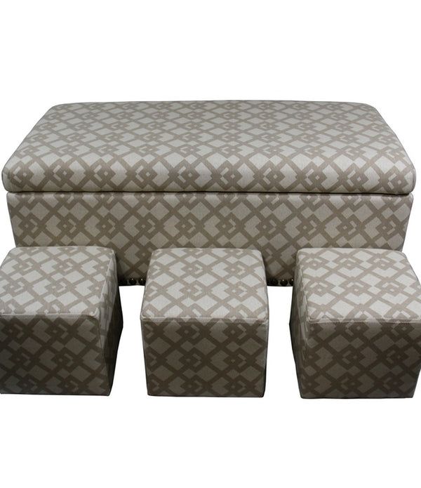 Taupe Geometric Storage Bench with Ottomans Four Piece Set