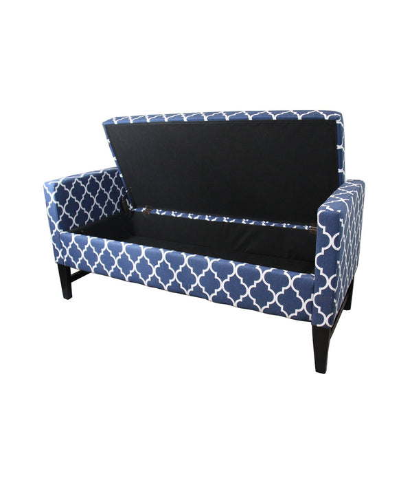 Blue and White Quatrefoil Dark Wood Storage Bench