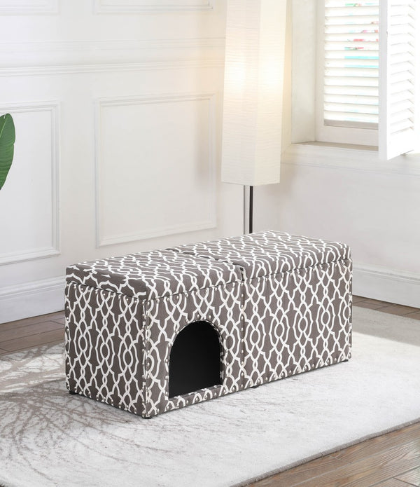 Gray Brown Lattice Storage Bench with Pet Bed