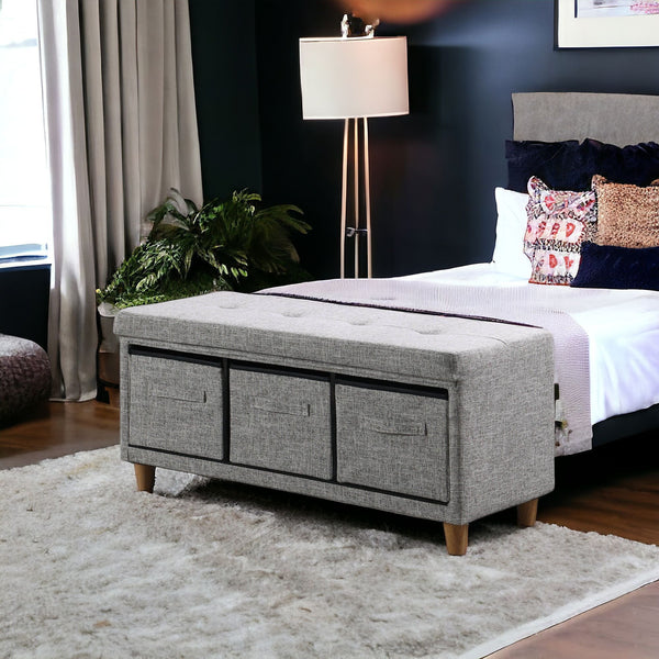 Gray Tufted Storage Bench with Basket Drawers