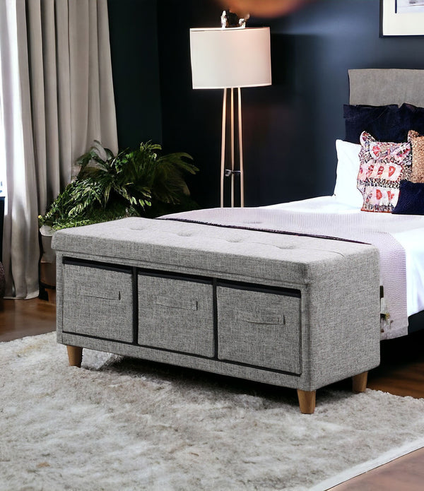 Gray Tufted Storage Bench with Basket Drawers