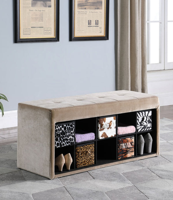 Beige Velour Storage Bench with Exotic Animal Print Baskets