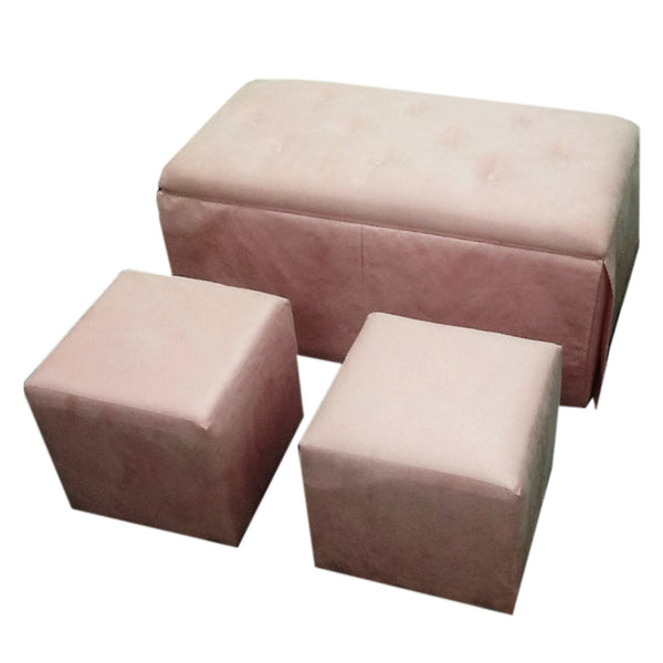 Set of Three Pink Microfiber Storage Bench and Ottomans