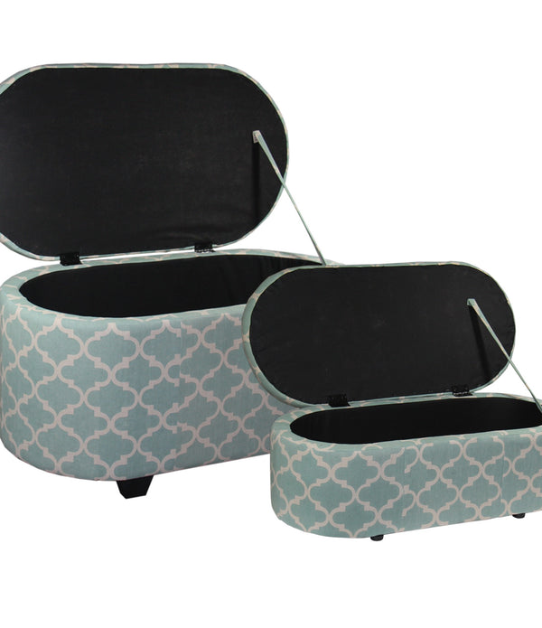 Teal and Cream Quatrefoil Oval Storage Bench