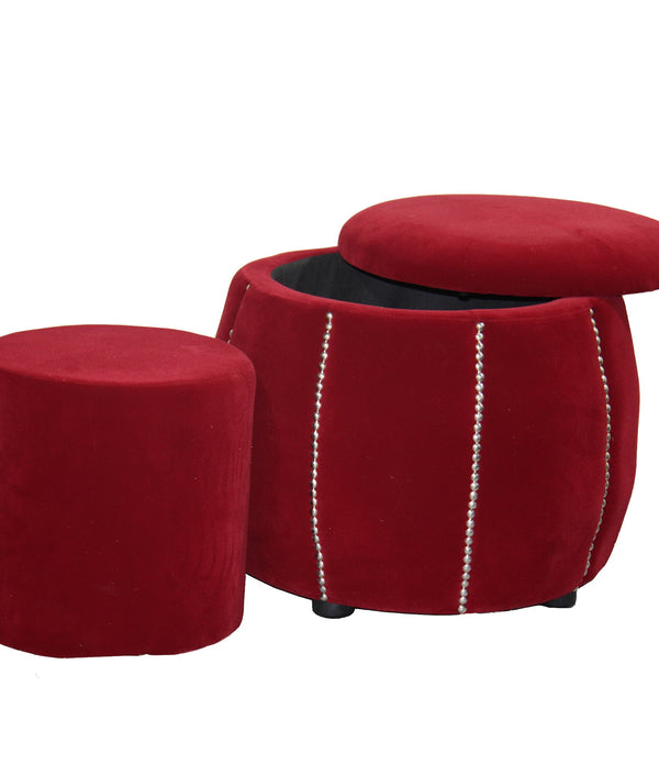 Set of Two Red and Faux Pearl Round Ottomans