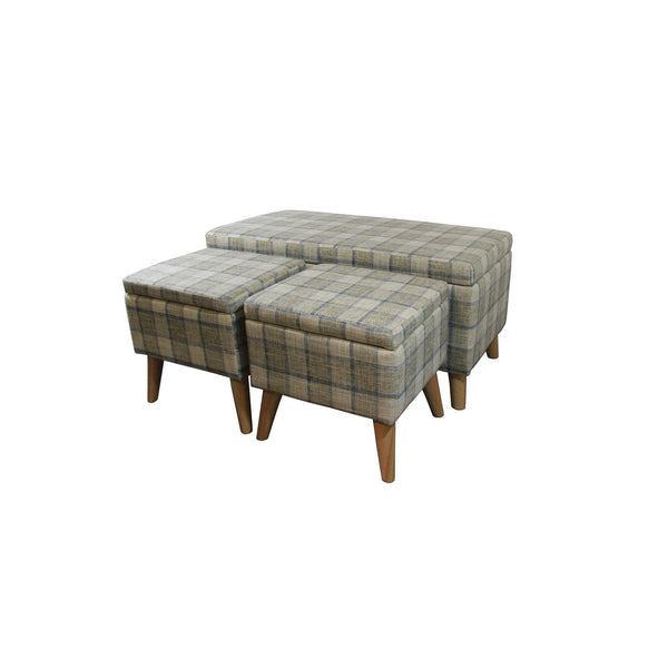 Taupe and Blue Plaid Storage Bench and Ottoman Three Piece Set