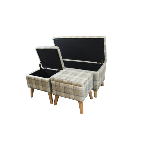 Taupe and Blue Plaid Storage Bench and Ottoman Three Piece Set