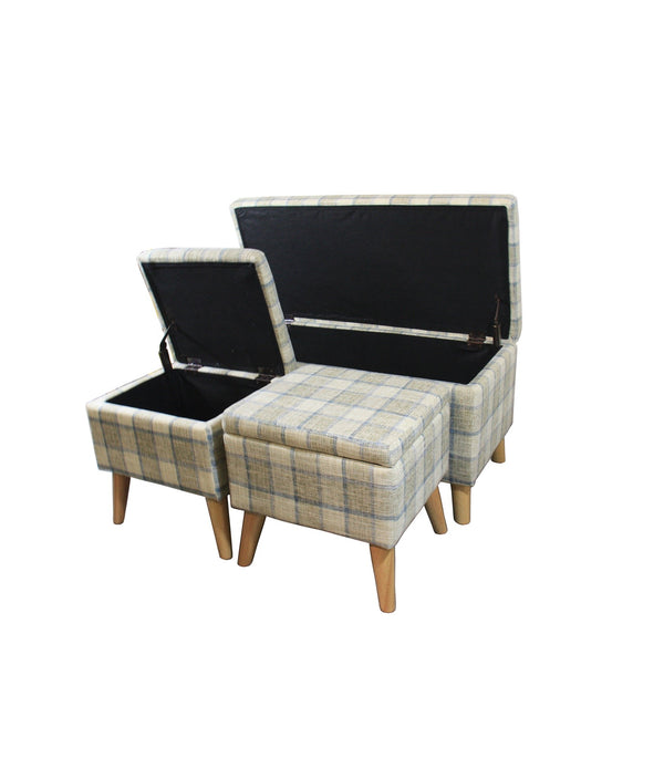 Taupe and Blue Plaid Storage Bench and Ottoman Three Piece Set