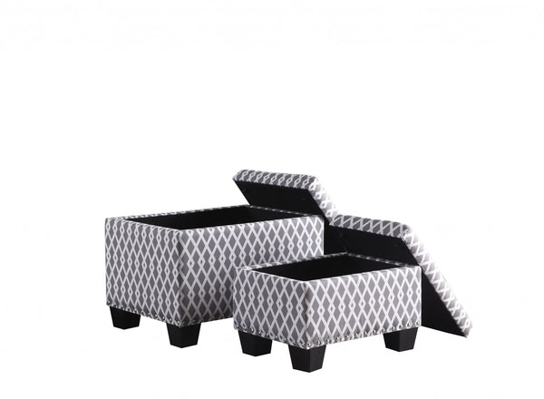 Set of Two Gray and White Diamonds Storage Ottomans