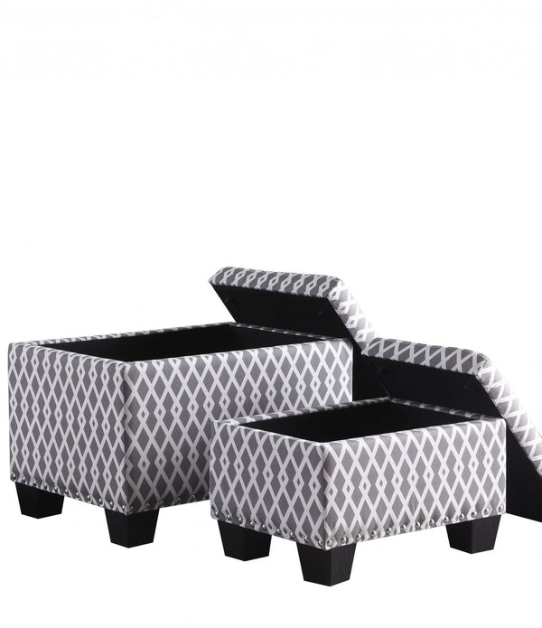 Set of Two Gray and White Diamonds Storage Ottomans