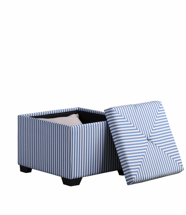 Blue and White Pinstripes Tufted Storage Ottoman