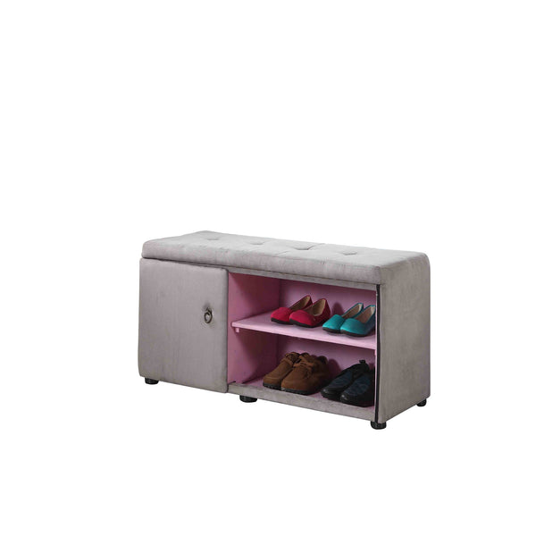 Light Gray and Pink Tufted Shoe Storage Bench