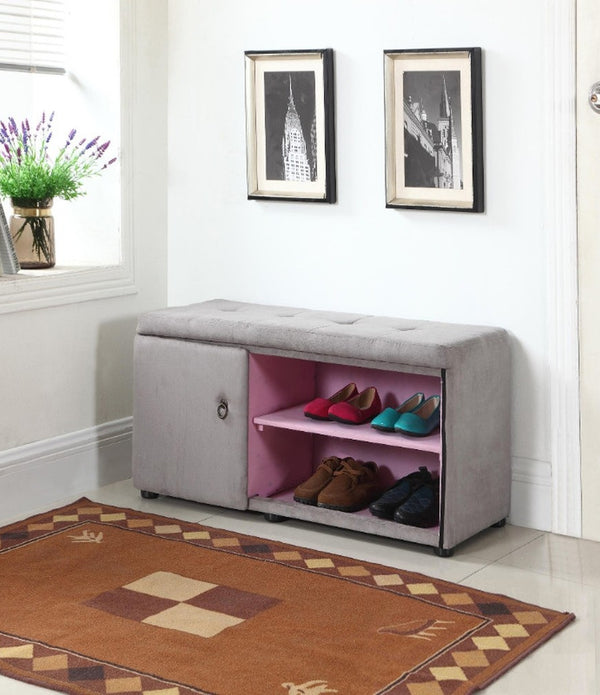 Light Gray and Pink Tufted Shoe Storage Bench