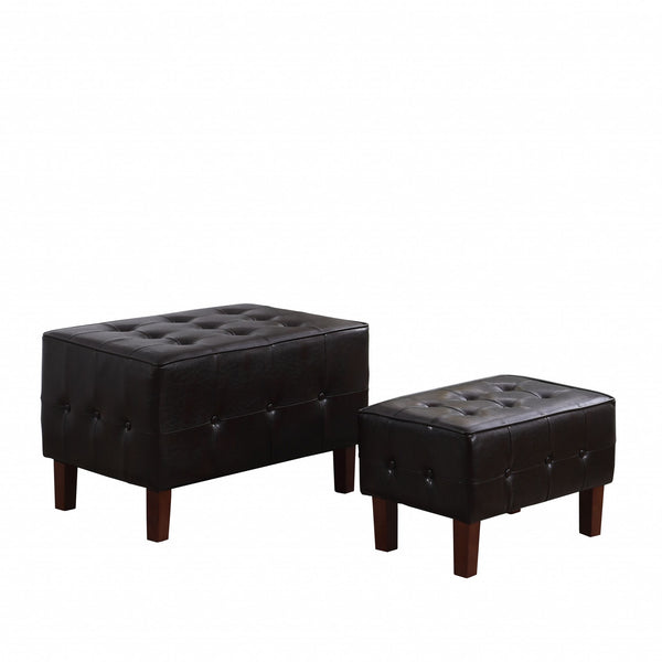 Set of Two Brown Faux Leather Tufted Stackable Ottomans