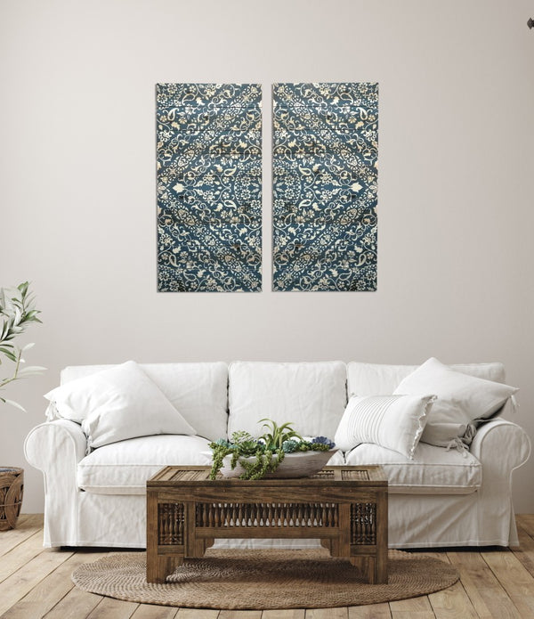 Two Piece Blue and Ivory Symmetry Medallion Wood Plank Wall Art