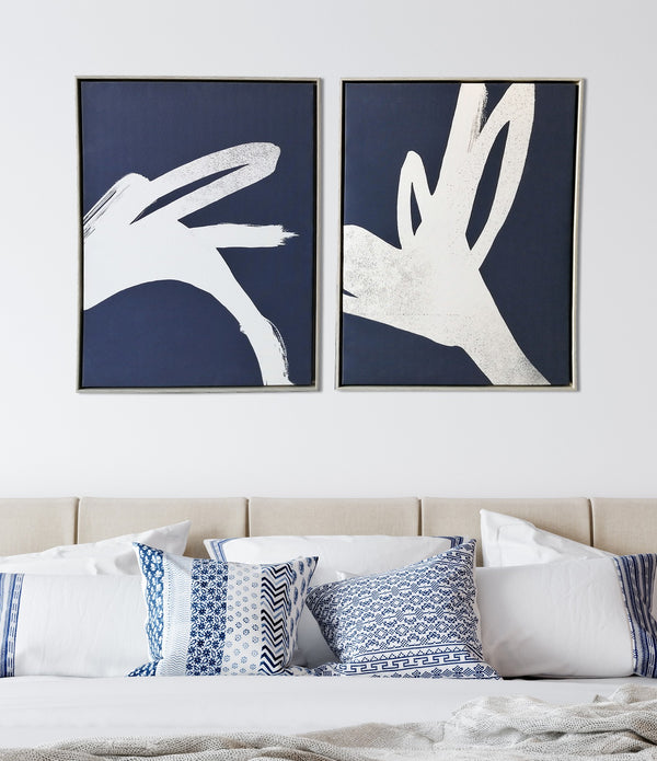 Set of Two Bold Blue and White Abstract Framed Canvas Wall Art