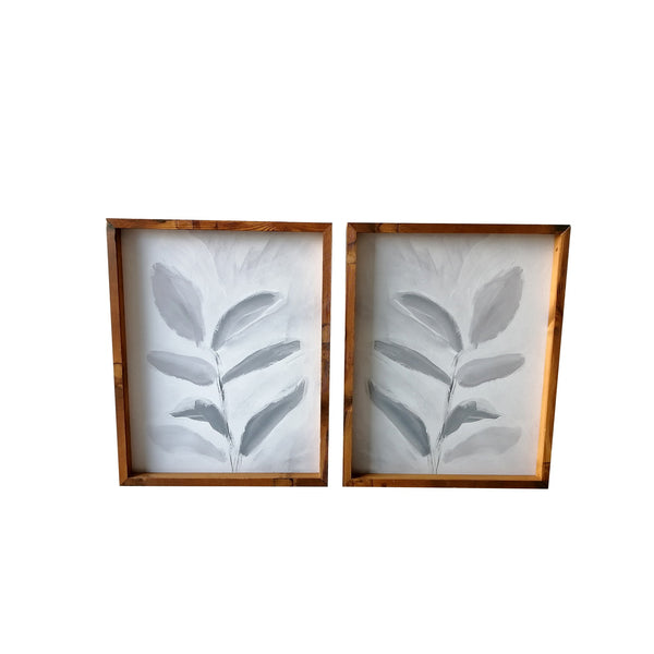 Set of Two Modern Blue Gray Leaves Framed Canvas Wall Art