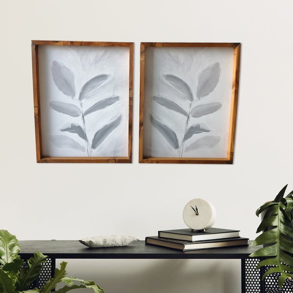 Set of Two Modern Blue Gray Leaves Framed Canvas Wall Art