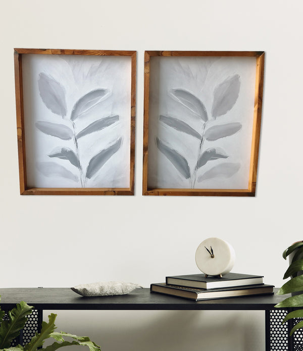 Set of Two Modern Blue Gray Leaves Framed Canvas Wall Art