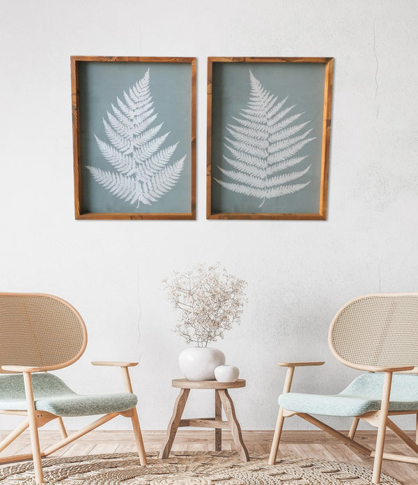 Set of Two Gray and White Fern Leaves Framed Canvas Wall Art