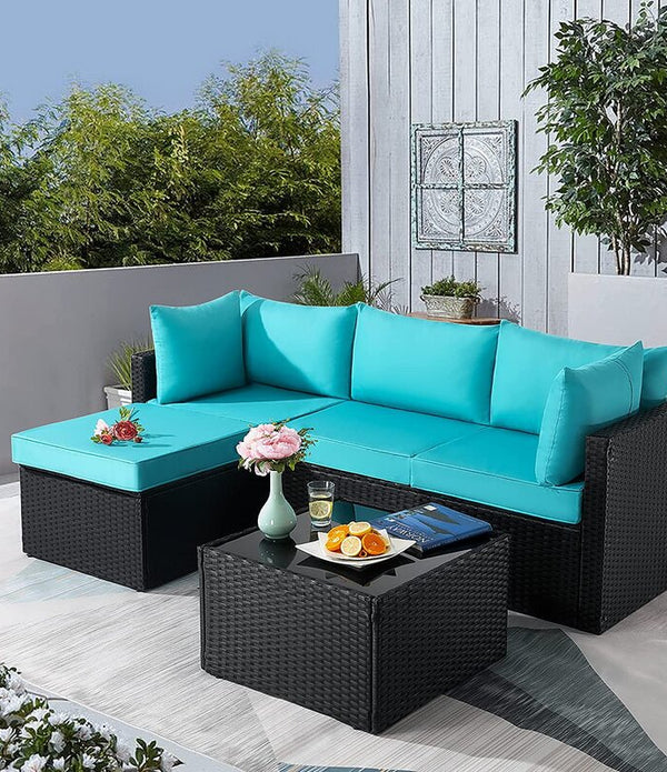 Aqua and Brown Wicker L Shape Three Piece Sofa Set