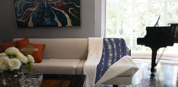 Indigo Blue Geometric Fleece and Sherpa Throw Blanket