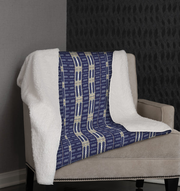 Indigo Blue Geometric Fleece and Sherpa Throw Blanket