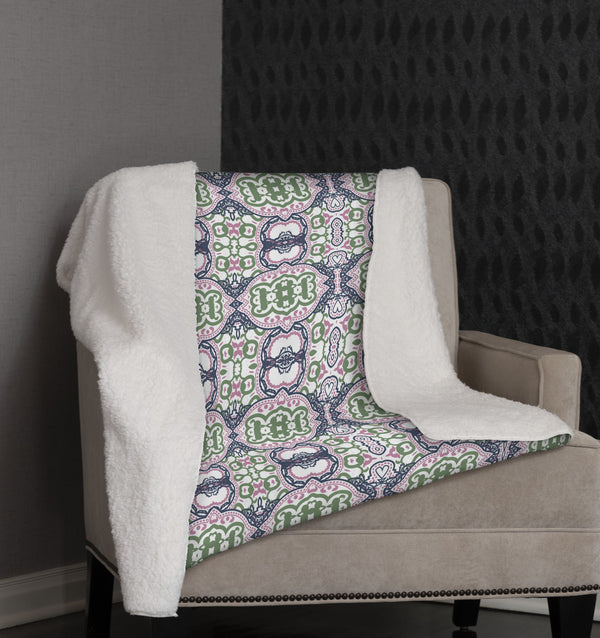 Pink Green and Blue Medallion Fleece and Sherpa Throw Blanket