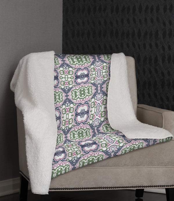 Pink Green and Blue Medallion Fleece and Sherpa Throw Blanket