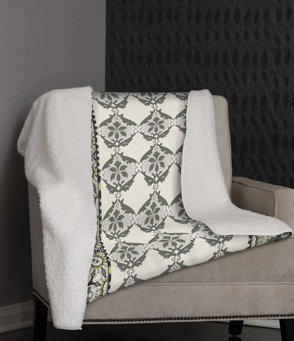 Cream Gray and Green Floral Tile Fleece and Sherpa Throw Blanket