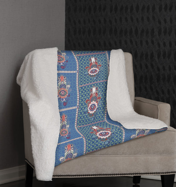 Aqua Hamsa Patchwork Fleece and Sherpa Throw Blanket