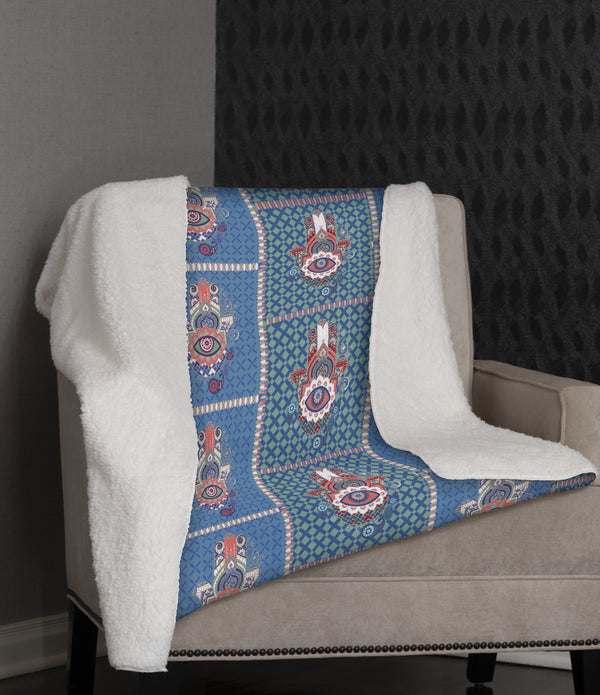 Aqua Hamsa Patchwork Fleece and Sherpa Throw Blanket