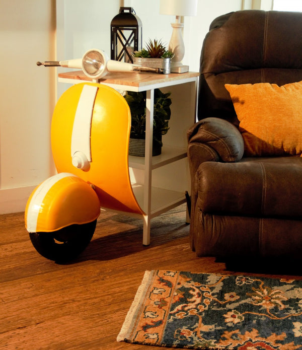 Yellow Wood And Metal Mini Scooter End or Side Table