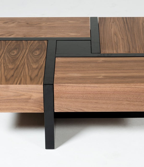 Modern Walnut and Black Square Coffee Table with Storage