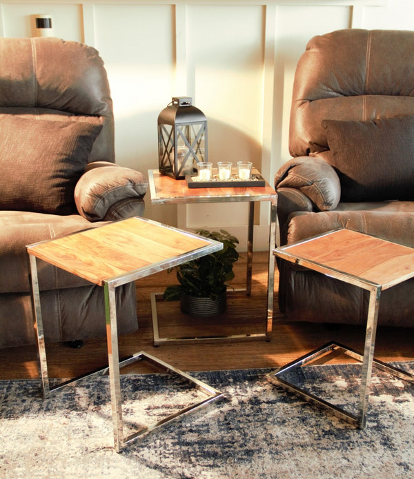 Set of Three Stylish Wood and Metal C Shaped Nesting End Tables