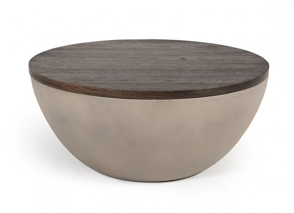 Modern Grey Concrete and Brown Oak Round Coffee Table